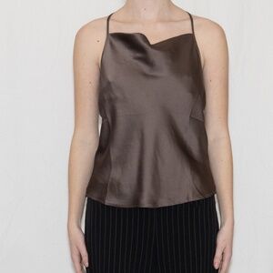 Brown satin cowl neck tank top size XS pleione polyester spandex